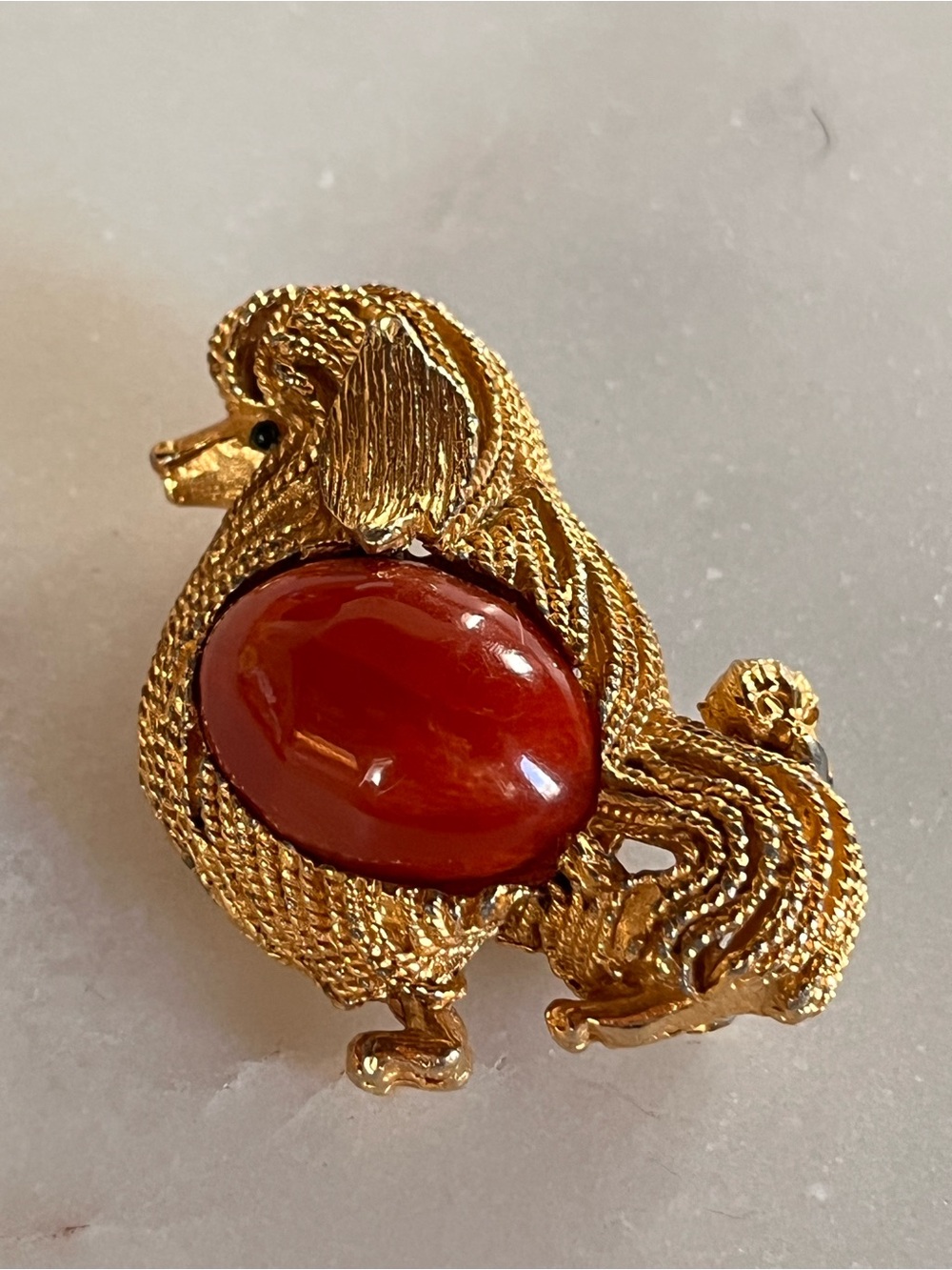 Vintage Gold Tone Poodle Dog Brooch Pin Red Cabochon Jelly Belly Textured 1.75"